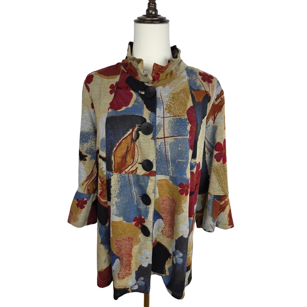 Ali Miles Jacket Size PL Multicolor Abstract Floral Bell Sleeve Art To Wear Boho